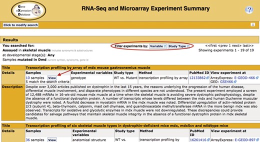 Search return. Pictured is the return for the search in Figure 1. Filters that allow for further refinement of the return are circled. The red arrow indicates the button to access the pop-up sample table (Figure 3; discussed below). The display also includes the annotated experimental variable(s) and study type, as well as link-outs to the data at ArrayExpress and GEO and the publication at PubMed.