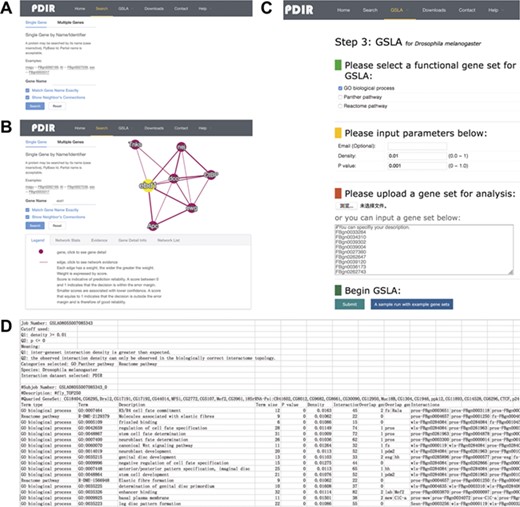 Interface of PDIR and GSLA. (A) Two search options in PDIR. (B) Search result page. A right click on the edge will show interaction details. (C) Interface of GSLA. (D) Results of a GSLA analysis job.