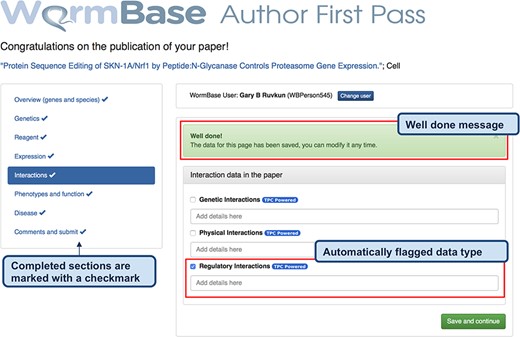 Feedback form for authors - completed form. When the author clicks ‘Save and continue’ (or ‘Finish and submit’ on the last widget), a pop-up message notifies that the data have been received by WB and the instruction alert turns green. The form returns a ‘Well done!’ message upon the completion of each section and the data are immediately stored in the WB database. In addition, to track the progress throughout the author curation process, completed sections are marked on the left menu with a special icon. The authors can modify the submitted data any time by returning to the form. The figure also shows an example of automatically classified data types, in this case regulatory interactions.