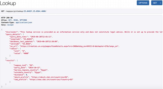 Screenshot of an API request and its JSON response for a coordinate pair and a query radius of 4000 m.