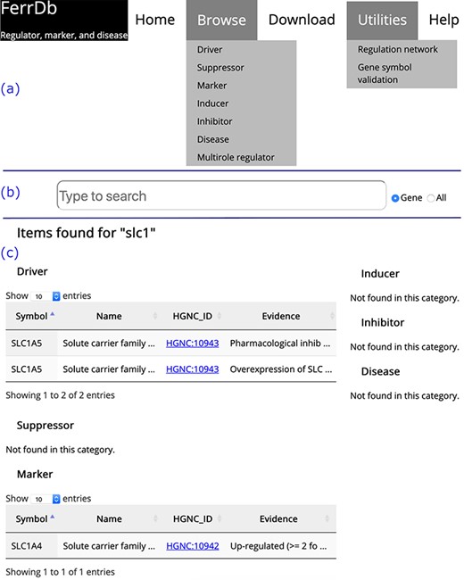 Overview of the FerrDb interface. (a) Navigation bar. (b) Search box. (c) Results of an example search. Tables in (c) are truncated.