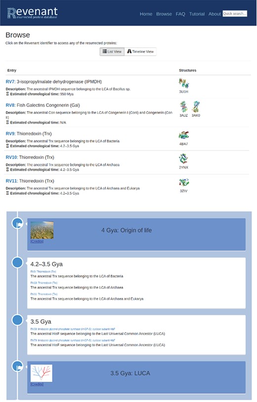 Two different browsing capabilities are available in Revenant. In the first one (top panel) proteins are listed sequentially using their RV codes. In the second browser (bottom panel) we display the Revenant proteins in an Earth’s timeline showing important biological events since the origin of life.