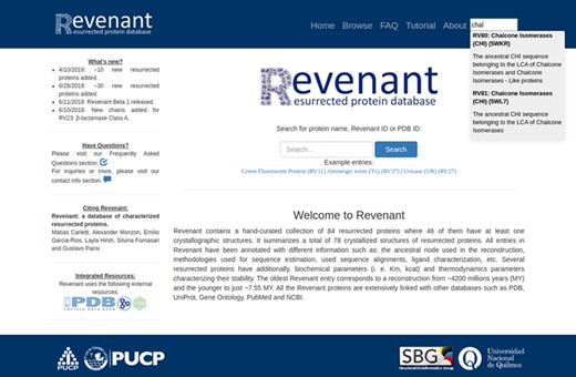 Screenshot of Revenant web server showing the home page and search utilities.