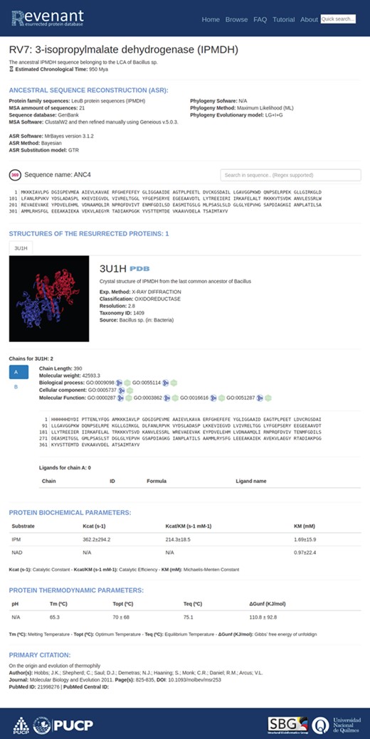 Main entry page. Each entry starts with a title followed by a brief explanation of the biological relevance of the resurrected protein. Additionally, each entry has fields regarding ancestral sequence reconstruction, information about their structures, biochemical and biophysical parameters and, finally, the primary citation.