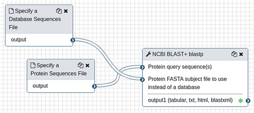A simple workflow, as shown in the Galaxy online interface, consisting only of the NCBI BLAST+ tool. It requires two input files: a query protein sequence and protein database—both in FASTA format.
