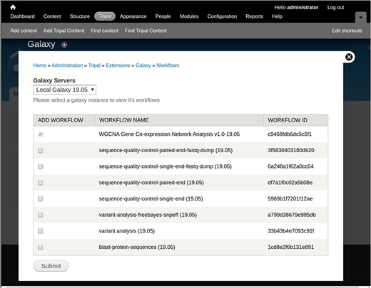 A screenshot of the interface that allows a site developer to select workflows for integration with Tripal.