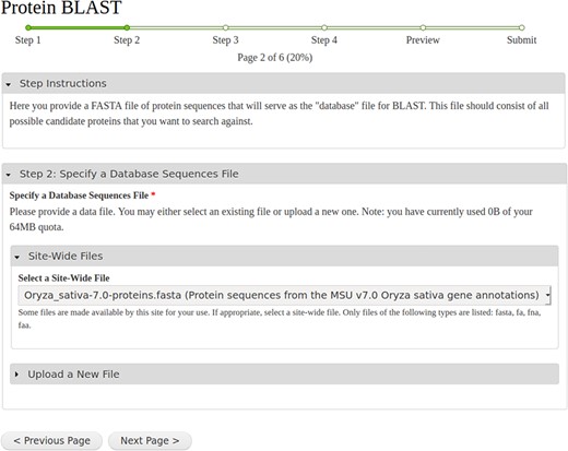 A screenshot of the step-by-step web form created for the NCBI BLAST example workflow shown in Figure 1.