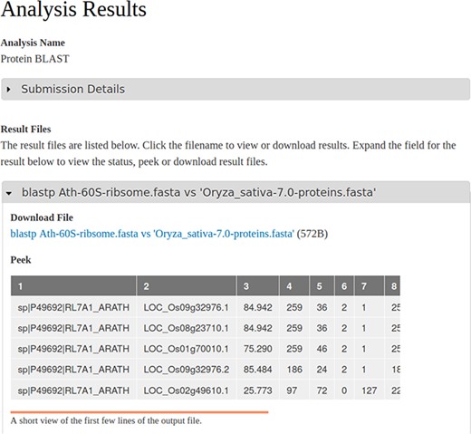 A screenshot of the results page resulting from an execution of the BLAST workflow that is shown in Figure 1 and submitted via the Tripal Galaxy module by an end user. The table in the ‘peek’ section is provided by the Galaxy server.
