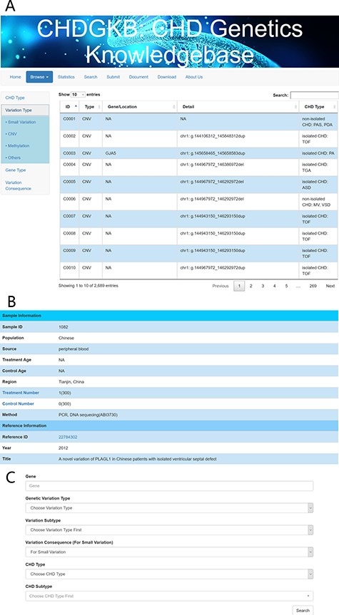 An example of the search interface with CHD subtype and precise query. Detailed information about the genetic variations can be found in the NS-CHD database. [The search interfaces are depicted in Figure 3A, with links to the original publications (Figure 3B). Figure 3C show the interface for search results using key words, e.g. variations with GATA4].