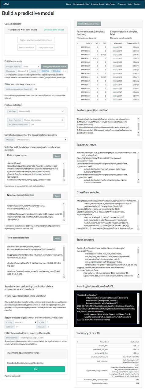 The task submission page of the mAML server. The left column displays the settings for each step, and the right column shows the real-time feedback of the parameter settings.