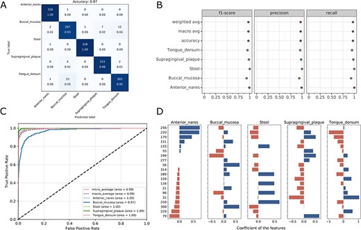 Visualizations for the optimized model: the heatmap for confusing matrix (A), the classification report (B), ROC curve (C) and the histogram for top features (D, default: 20). Note that, in the case of tree-based models, the feature importance will be provided instead of the feature’s coefficient in the histogram.