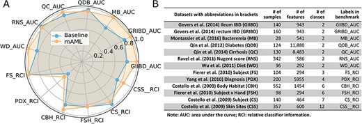 The performance comparison of the mAML proposed models against the baseline (A). The labels are connected abbreviations with an underline between the name of the database and the metric used in the original study (B).