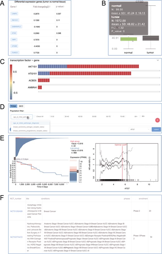 Screenshots from the Autophagy in Tumors. (A) Differential expression analysis; (B) box plot; (C) heat plot; (D) population filter for customized survival analysis; (E) interactive Kaplan–Meier plotter interface; (F) clinical trials.