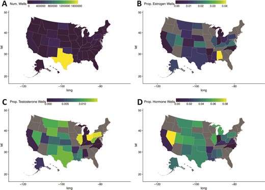 Maps of the United States of America detailing hydraulic fracturing well locations (A), the proportion of wells with estrogen pathway-targeting Ingredients (B), the proportion of wells with testosterone pathway-targeting Ingredients (C) and the proportion of wells with hormonal pathway-targeting ingredients (D). Notice that states with elevated proportions of certain estrogen, testosterone or hormonal pathway ingredients relative to other hydraulic fracturing wells can be easily identified using these visual maps.