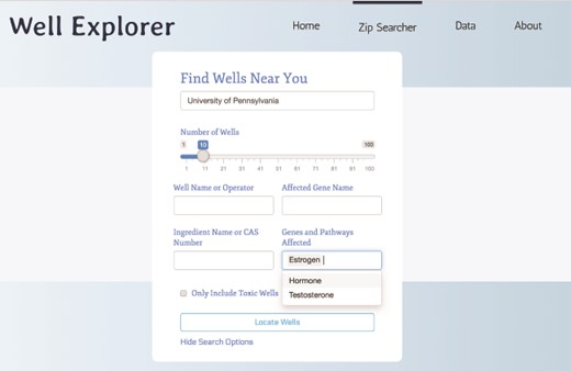 Searching WellExplorer for hydraulic fracturing wells using ingredients that target estrogen pathways. Note that ‘estrogen’ is selected in the ‘genes and pathways affected’ option. Clicking on ‘locate wells’ will retrieve all wells using ingredients that target estrogen pathways ranked from the closest in distance (in miles).