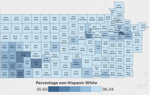 The University of Kansas Cancer Center catchment area counties color coded by the percentage of non-Hispanic White in each county.