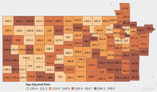 The University of Kansas Cancer Center catchment area counties color coded by the age adjusted cancer mortality rates. Data Source: Centers for Disease Control and Prevention.
