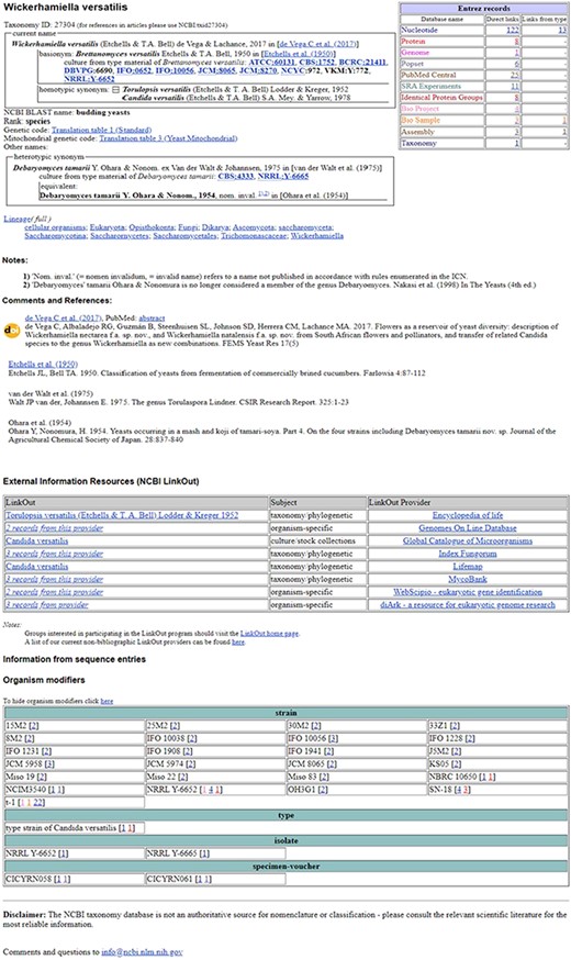 NCBI TaxBrowser example page.