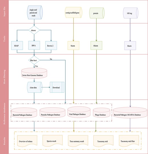 Integrated workflows for a pathogen screening tool. The workflows are shown in different colors based on input data (reads in blue, contig/scaffold/gene in yellow, protein in green and 16S tag in purple).