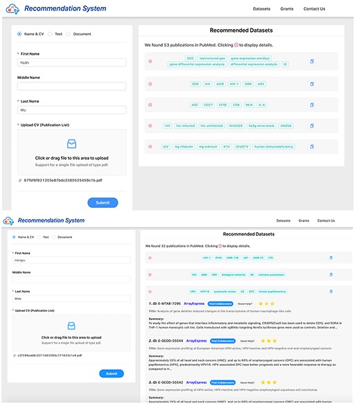 Screenshots of dataset recommendation system Researcher 1 (up) and Researcher 2 (down).