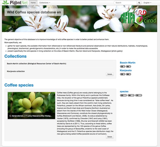 Home page of the wild coffee species database (http://publish.plantnet-project.org/project/wildcofdb_en).