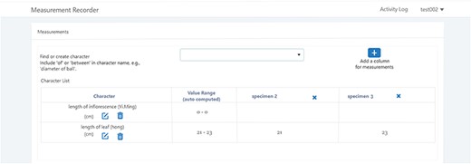 Table view of the measurements in Measurement recorder.