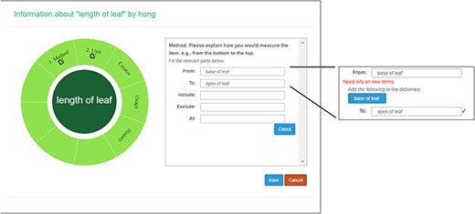 Measurement method and semantic check in Measurement Recorder. When check button is clicked, the input form may extend to show ‘need info on new terms’ if some terms entered are new to the ontology. The center circle in the left green wheel will turn yellow to indicate that this character is being updated. Method segment in the wheel will turn dark green to indicate method definition is checked.