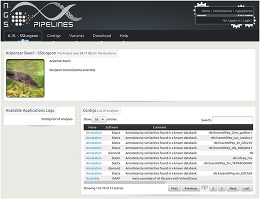 Home page of the Siberian sturgeon transcriptome database website. The main menu enables to visualize and query contigs and variants as well as download the raw and result files.