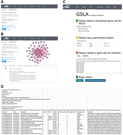 PRID website. (A) Single gene search and multiple gene search. (B) Search result page. Right-clicking on an interaction in the diagram will show its details. (C) GSLA interface. (D) GSLA result file.