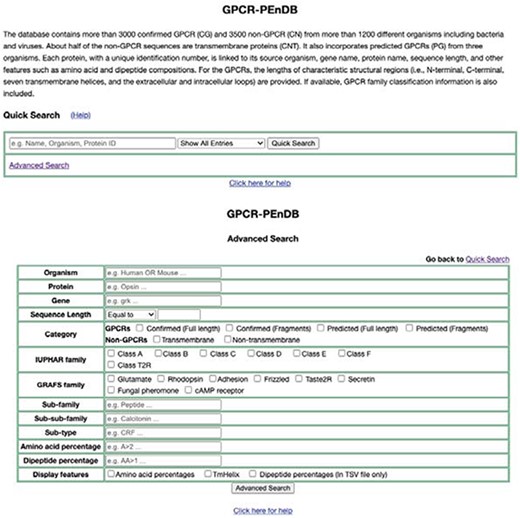 Web interface of GPCR-PEnDB, showing both Quick Search (top) and Advanced Search options (bottom).