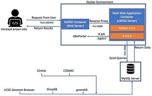 VarStack uses NGINX, R and Python to retrieve information from COSMIC, ClinVar, gnomAD, cBioPortal and OncoKB. An iframe of the UCSC Genome Browser is used to view the genomic location of the variant.