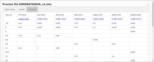 Screenchot depicting a data file preview (example for DataEntry ID 30). Here, the user can navigate through each tab.