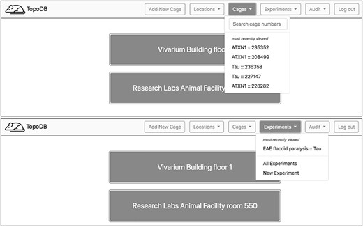 Upon login, a home page showing the top level of cage organization—Locations—is shown. A navigation bar at the top of each page enables users to quickly access recently visited cages and experiments. A search box also assists in finding specific cages.