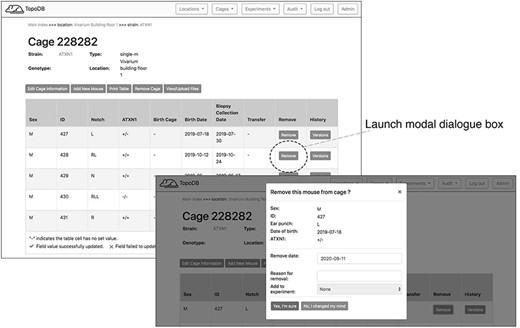 Dedicated buttons in the single cage view activate specific functionality. Here the form for recording the removal of a mouse from the colony (for experimentation or other reasons) is presented as a modal overlaying the single cage view.
