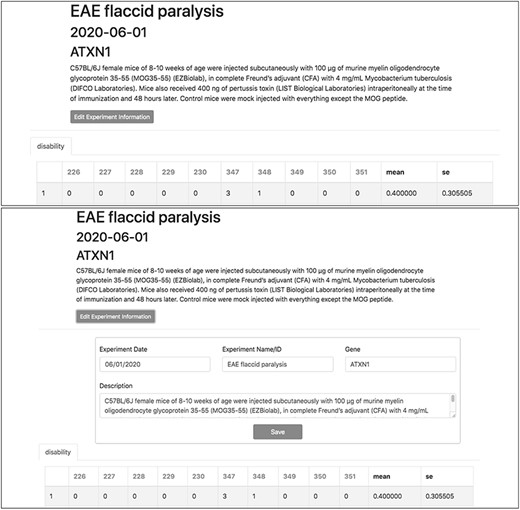 Experiment metadata can be edited by clicking the ‘Edit Experiment Information’ button in the experiment interface. ‘Accordian’-like elements, invisible until activated by the user, keep pages uncluttered, avoid time-consuming navigation and provide utility.