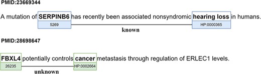 Examples of the two types of relations (‘Known’ and ‘Unknown’) in the PGR dataset (partial figure from (28)). The sentence of abstract PMID:23 669 344 was simplified to capture more clearly the ‘Known’ relation.
