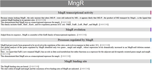 Automatic summary of MngR in HTML format, showing sentences classified into TF properties and with the PubMed ID hyperlink to the article in the PubMed database. The automatic summary is organized by separating properties in different sections, and sentences are sorted by similarity, so that the curator finds related information together.