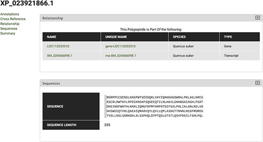Polypeptide feature page for XP_023921866 polypeptide. Using the Relationship tab, the correspondent Gene and Transcript IDs can be retrieved.