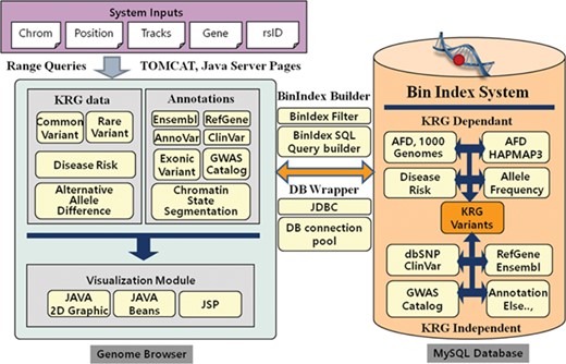 System architecture of KRGDB and Genome Browser. The system mainly consists of variation/annotation database and its genome browser.