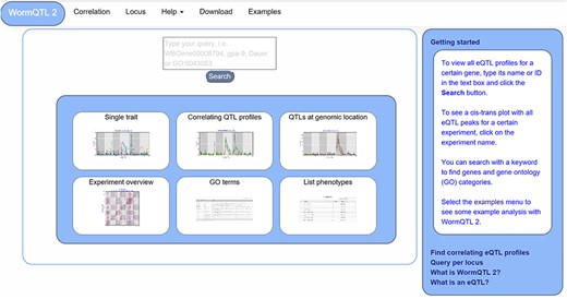 WormQTL2 Homepage. On the top of the page, the navigation bar can be found. This includes the WormQTL2 logo, which functions as a home button. It also includes a fast link to the Correlation and Locus overviews as well as links for help, data download and visual examples. The search box is located in the center, in which genes, phenotypes and GO terms can be entered. Shown in the blue middle square are the buttons for the investigations of single traits, correlating QTL profiles, QTLs at a specific locus, all eQTLs of an experiment, eQTLs per GO term and a list of all phenotypes for which QTLs can be shown. On the right side, a bar with information about WormQTL2 and QTLs in general can be found.