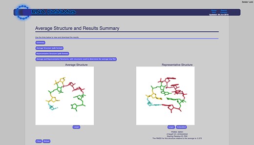 The RNA CoSSMos average structure page showing the average and representative structure for all GNRA tetraloops. A total of 4724 GNRA tetraloops were included in the calculations using the backbone and three atoms from each base.