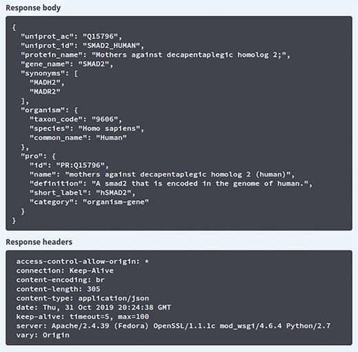 Result of search using Swagger UI. The results obtained after querying the ‘/info’ API endpoint. The response body section shows the JSON response received from the API server and the response headers section shows the HTTP headers from the received request.