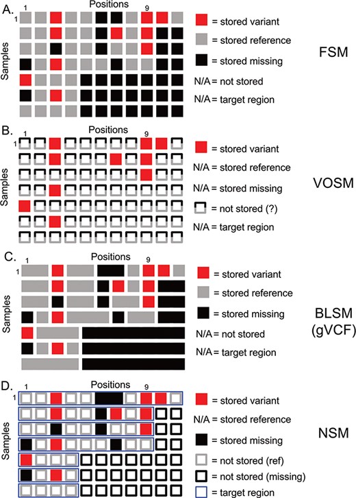 Overview of genetic variation storage models. This example shows the same 7 samples and 11 positions using (A) Full Storage Model, (B) Variant Only Storage Model, (C) Block Storage Model and (D) NSM. The features and information stored in each model are listed to the right. FSM: Full Storage Model, VOSM: Variant Only Storage Model, BLSM: Block Storage Model, NSM: Negative Storage Model.