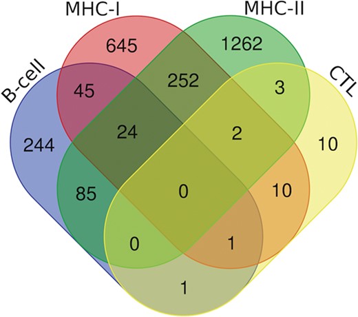 Venn diagram showing the number of peptides/epitopes belonging and common in diverse epitope classes.