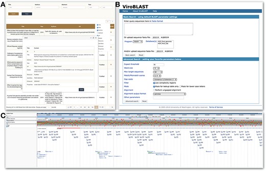 Tools module. HGFDB provides three tools, which are (A) Publication that allows to search related papers by keywords, (B) BLAST that compares users’ nucleotide or protein sequence with our assembly and annotation results and (C) JBrowse that provides the view of genomic features of HGF assembly.