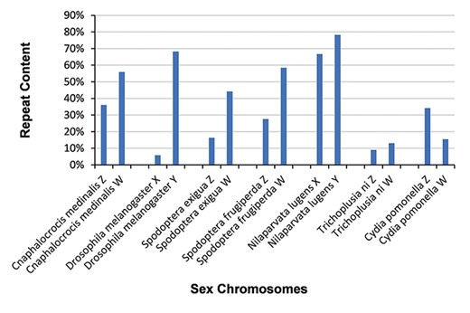 Distribution of repeat sequences in 14 sex chromosomes. Sex chromosomes generally contain a high percentage of repeat sequences.