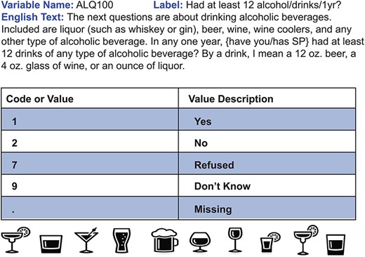 Sample CDE. This question is an example of a CDE from the NHANES 1999–2000 questionnaire. In this instance, survey participants were inquired about alcohol consumption throughout the year and their responses were standardized using the corresponding code/value pair. Usage of this CDE in a separate survey, such as a future year of NHANES, will allow data from both surveys to be directly comparable.