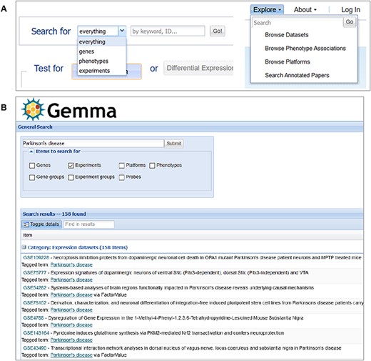 Snapshot of Gemma’s search tools, accessible from the main page (A-left) or upper banner (A-right); and the search results page (B), in which datasets (‘Experiments’) annotated with the term ‘Parkinson’s disease’ is returned.