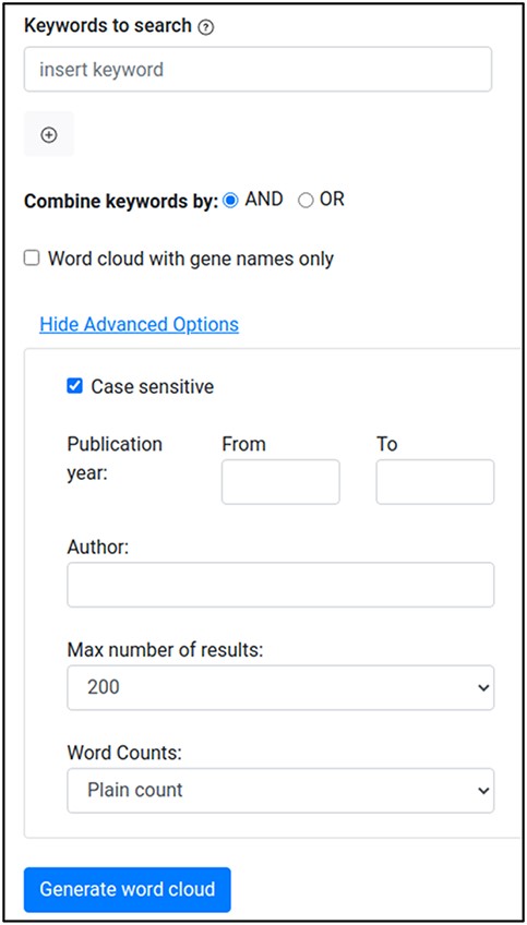 Wormicloud search interface with ‘advanced options’ menu expanded.