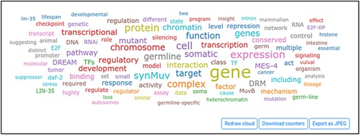 Word cloud displayed by Wormicloud for the query ‘DREAM complex’.